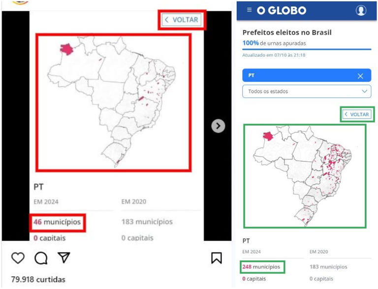 Comparação de imagens feita em 14 de outubro de 2024 entre o mapa viral (E) e o mapa do O Globo com 100% das urnas apuradas