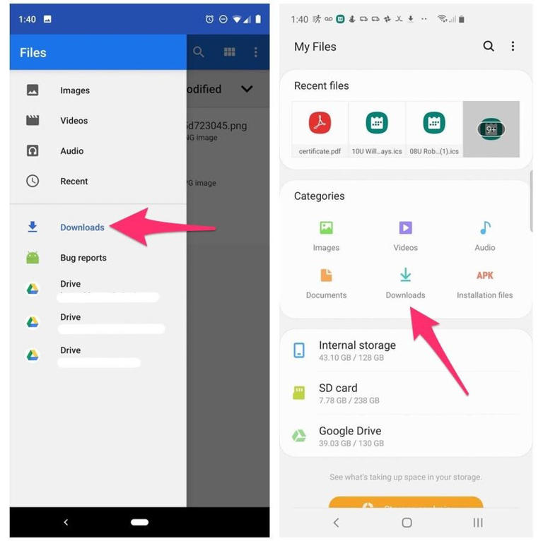 Left: Files app on a Pixel 3. Right: My Files on a Galaxy S10 Plus. Screenshots by Jason Cipriani/CNET