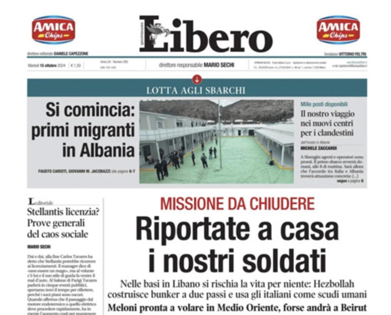 La prima pagina di Libero del 15 ottobre.