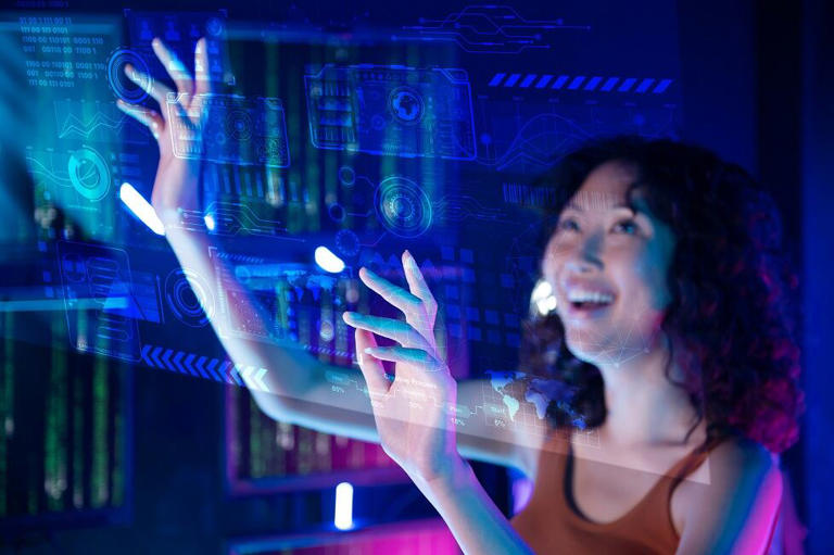 An Asian woman is touching interface on virtual reality screen , Technology futuristic concept .
