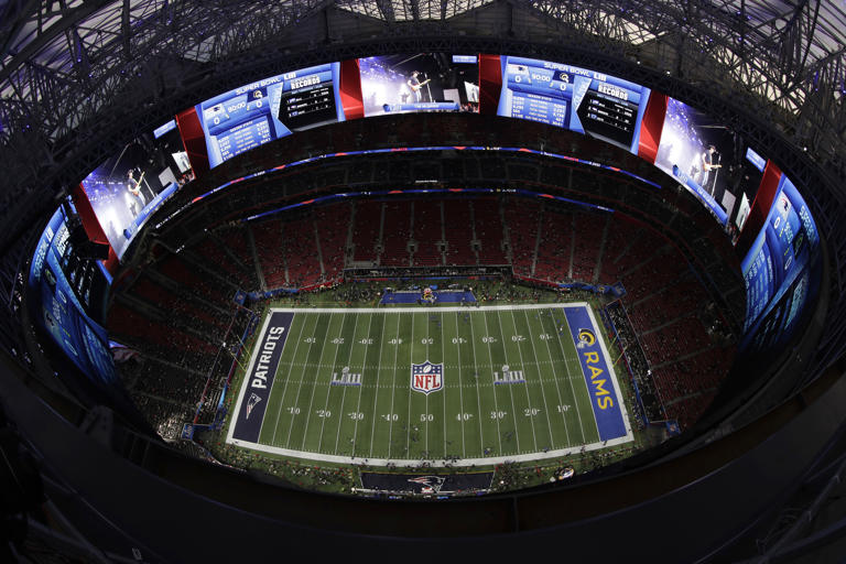 FILE - A general, overall, view of Mercedes-Benz Stadium before the NFL Super Bowl 53 football game between the Los Angeles Rams and the New England Patriots Sunday, Feb. 3, 2019, in Atlanta. (AP Photo/Morry Gash, File)