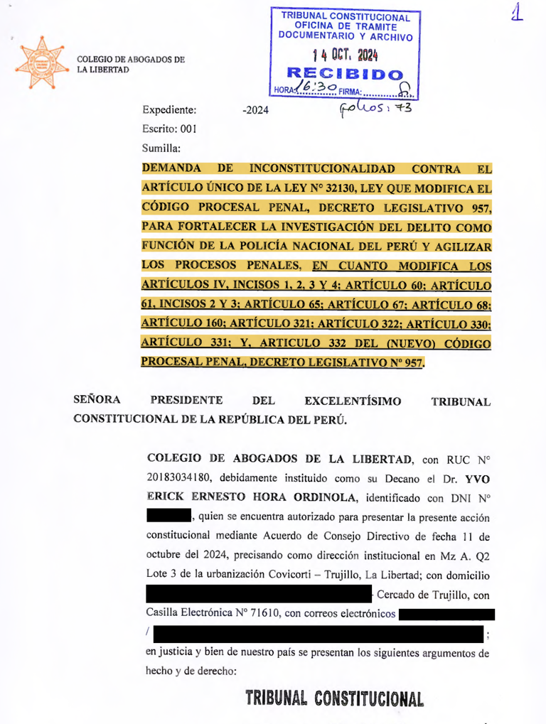 Presentan demanda de inconstitucionalidad contra la ley que otorga la investigación preliminar a la Policía