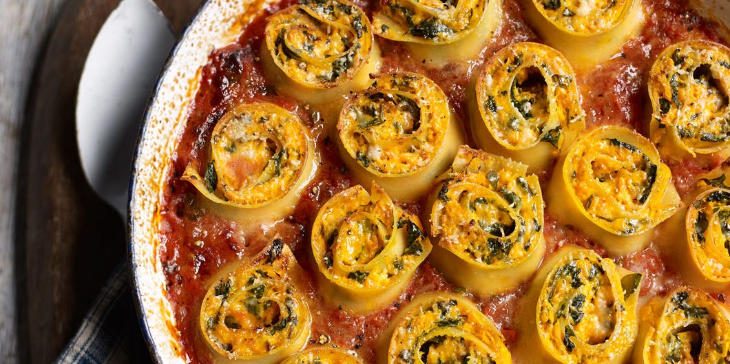 Sweet potato, spinach and goat's cheese rotolo