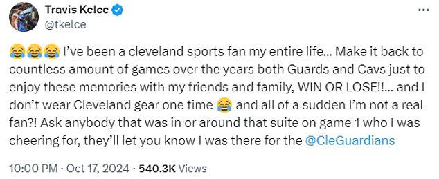 The NFL tight end rubbished claims that he's not a 'real fan' of the Cleveland Guardians