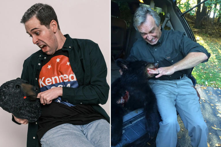 Real Estate Editor Zach Kussin as RFK Jr. and the now-infamous bear. Stephen Yang; Robert F. Kennedy