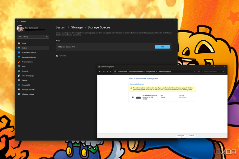 Screenshot of Storage Spaces in the Settings ap and in Control panel on Windows 11