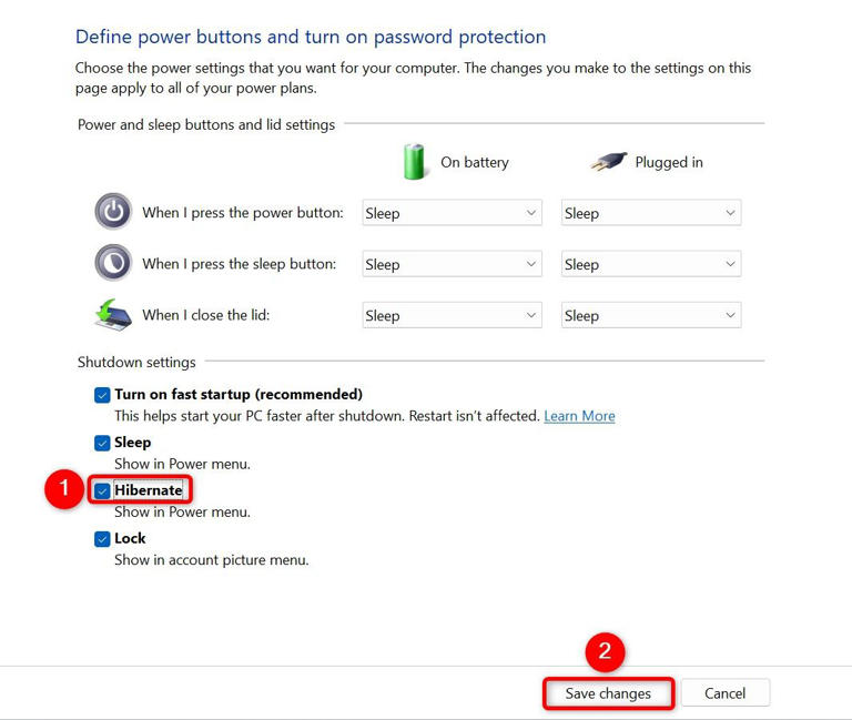 'Hibernate' and 'Save Changes' highlighted in Control Panel.