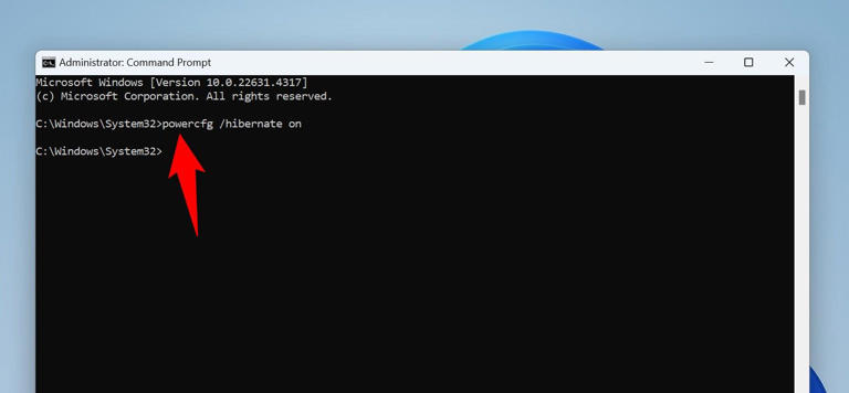 The command to enable hibernation typed in Command Prompt.