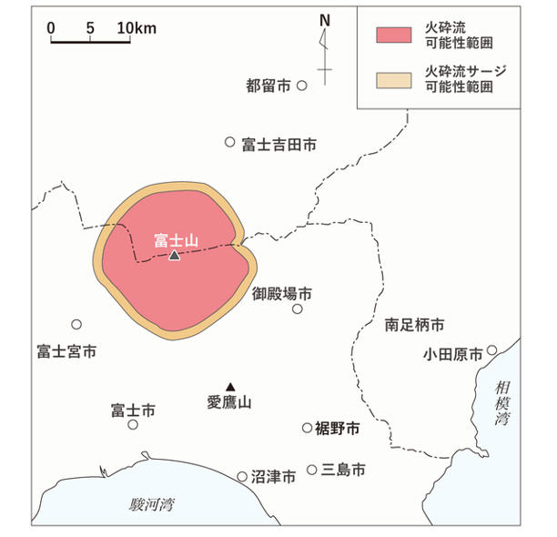 火砕流と火砕サージの可能性マップ 火砕流と火砕サージは富士山の全周にわたって発生する可能性がある