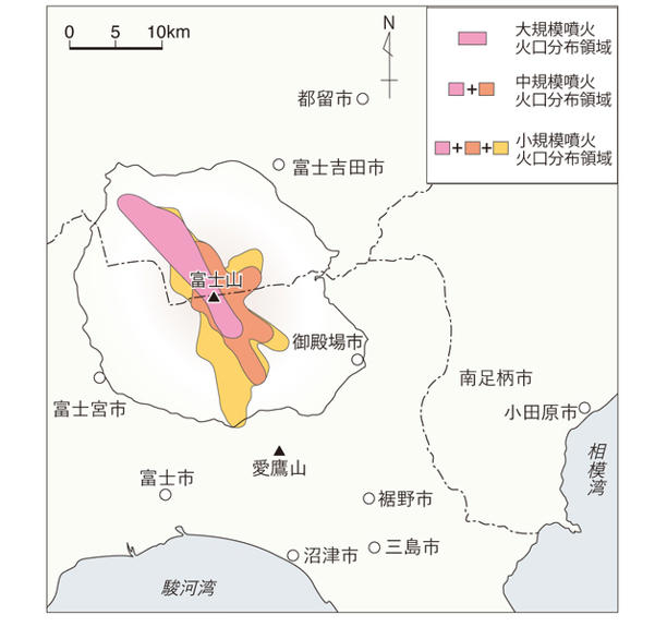 ハザードマップの富士山想定火口範囲。想定火口線の周囲１キロメートル以内と想定されている。起こりうる噴火の規模によって大規模・中規模・小規模の三つに区別されている