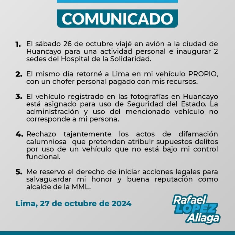 Rafael López Aliaga habría utilizado auto de la Municipalidad de Lima para evento de Renovación Popular en Huancayo