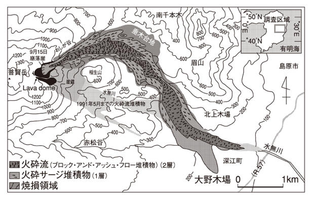 雲仙普賢岳で1991年9月15日に発生した火砕サージの進路 藤井敏嗣氏と中田節也氏による（鍵山恒臣編『マグマダイナミクスと火山噴火』朝倉書店より）