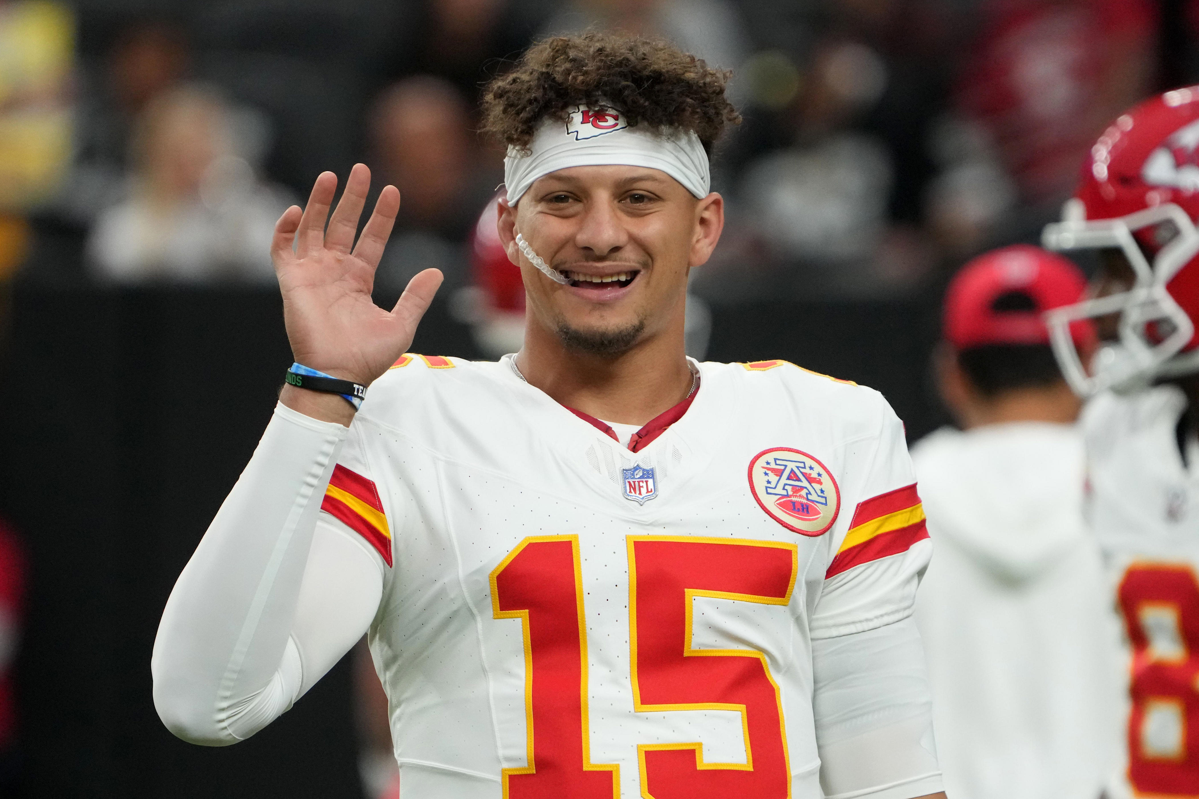 Oct 27, 2024; Paradise, Nevada, USA; Kansas City Chiefs quarterback Patrick Mahomes (15) reacts against the Las Vegas Raiders in the first half at Allegiant Stadium. Mandatory Credit: Kirby Lee-Imagn Images