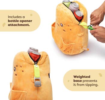 Plush drink cooler with a bottle opener attachment, showing cans being placed inside. Features a weighted base for stability