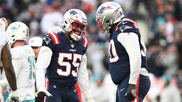 Jan 1, 2023; Foxborough, Massachusetts, USA; New England Patriots linebacker Josh Uche (55) reacts with defensive tackle Christian Barmore (90) after a sack against the Miami Dolphins during the second half at Gillette Stadium. Mandatory Credit: Brian Fluharty-Imagn Images | Brian Fluharty-Imagn Images