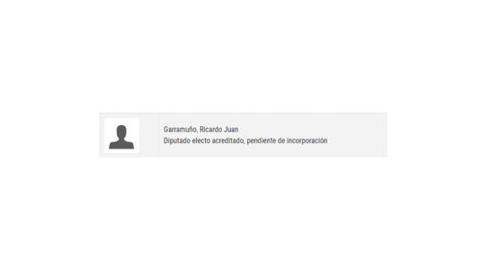 En el sitio web de la Cámara de Diputados de la Nación, Ricardo Garramuño figura como diputado electo acreditado.