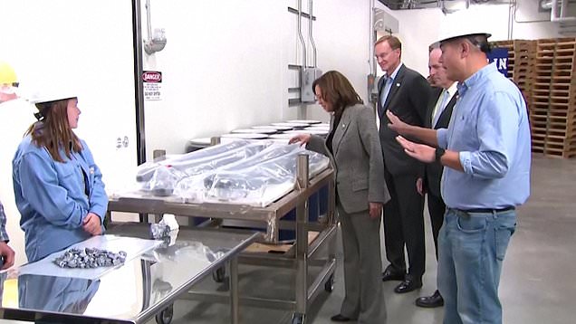 Kamala Harris nearly touches razor-sharp silicone on factory tour