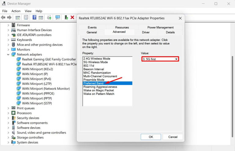 Preferred Band option in the Wi-Fi adapter advanced properties menu.