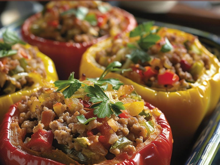 Hearty and delicious savory old fashioned stuffed bell peppers recipe
