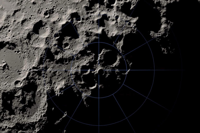 Simulación de la región del polo sur de la Luna.