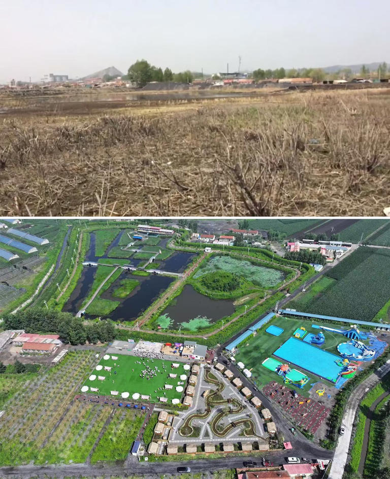 拼版照片:上图为新阳村采煤遗留下的废矿坑;下图为治理后的新阳湖景区。新华社发 拼版照片:上图为新阳村采煤遗留下的废矿坑;下图为治理后的新阳湖景区。新华社发