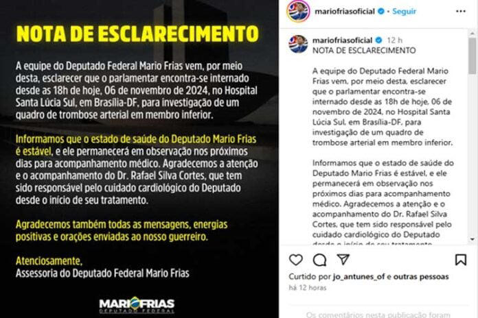 Equipe de Mario Frias divulga nota – Reprodução/Instagram