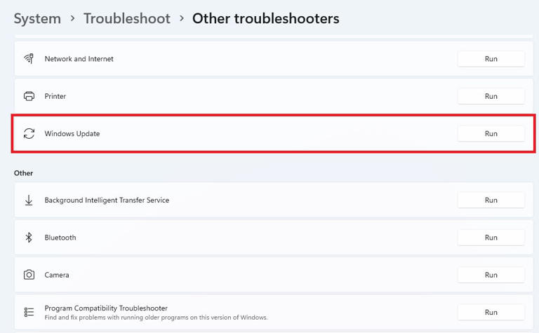 In Windows 11 you will find the troubleshooting tool for Windows Update under “Oher troubleshooters.”