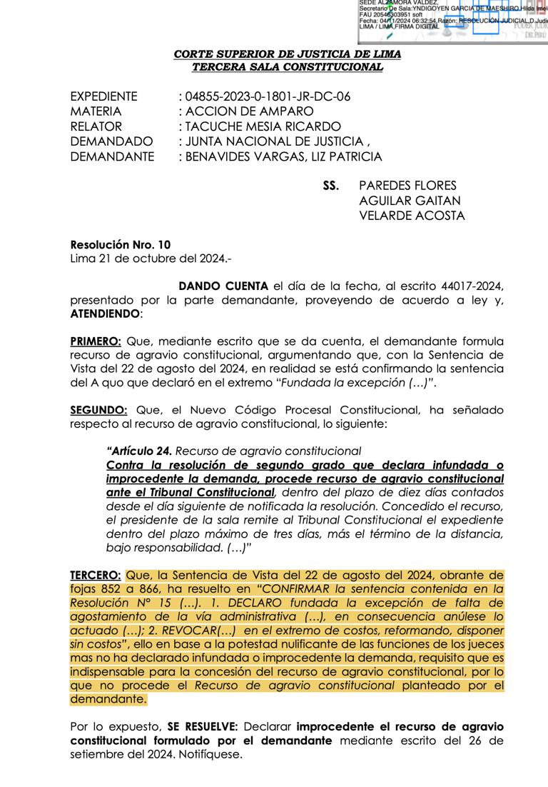 PJ rechaza pedido de Patricia Benavides para que el TC vea su caso contra la JNJ