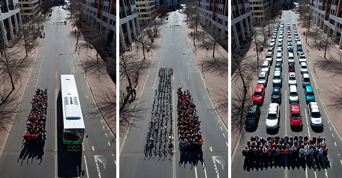 #28 The Canberra Transport Photo Was Taken To Illustrate The Road Space Required To Move 69 People Using Public Transport, Bicyles And Private Motor Vehicles