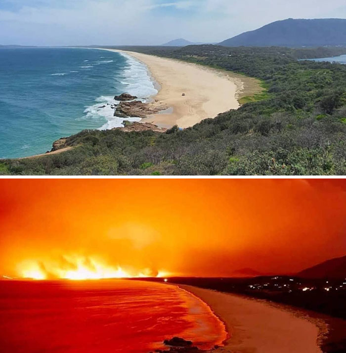 #35 Australia On Fire. Pictures Taken From Charles Hamey Lookout Dunbogan / Camden Head Near Port Macquarie 1 Week Apart
