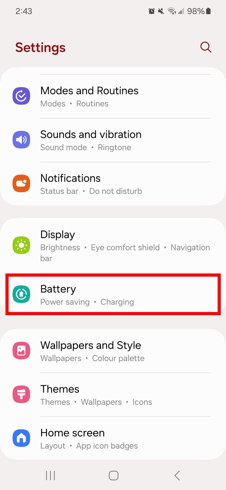 Red rectangle outline over Battery in Samsung settings on One UI 6.1