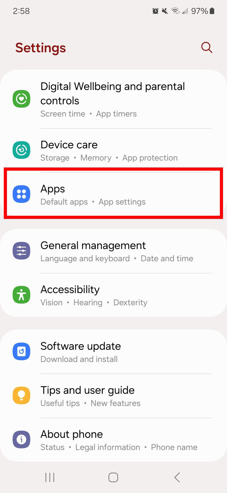 Red rectangle outline highlighting apps in Settings