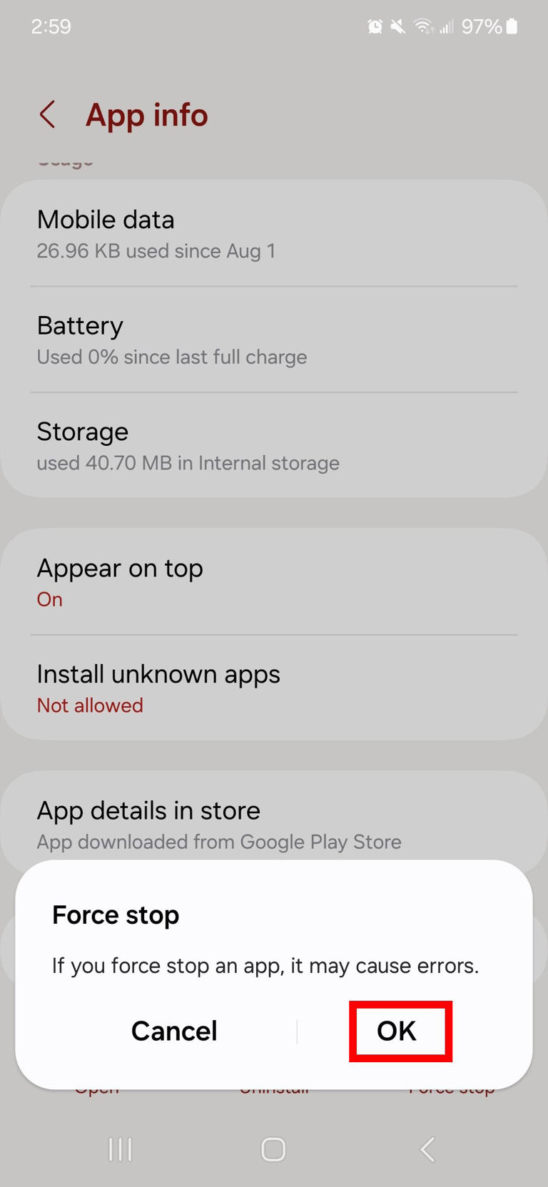 Red rectangle outline highlighting Ok option in Force stop window for an app on One UI 6.1
