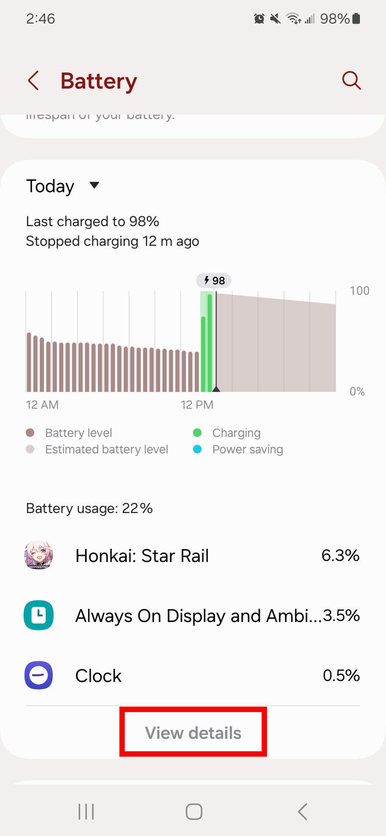 Red rectangle outline View details in Battery menu on One UI 6.1