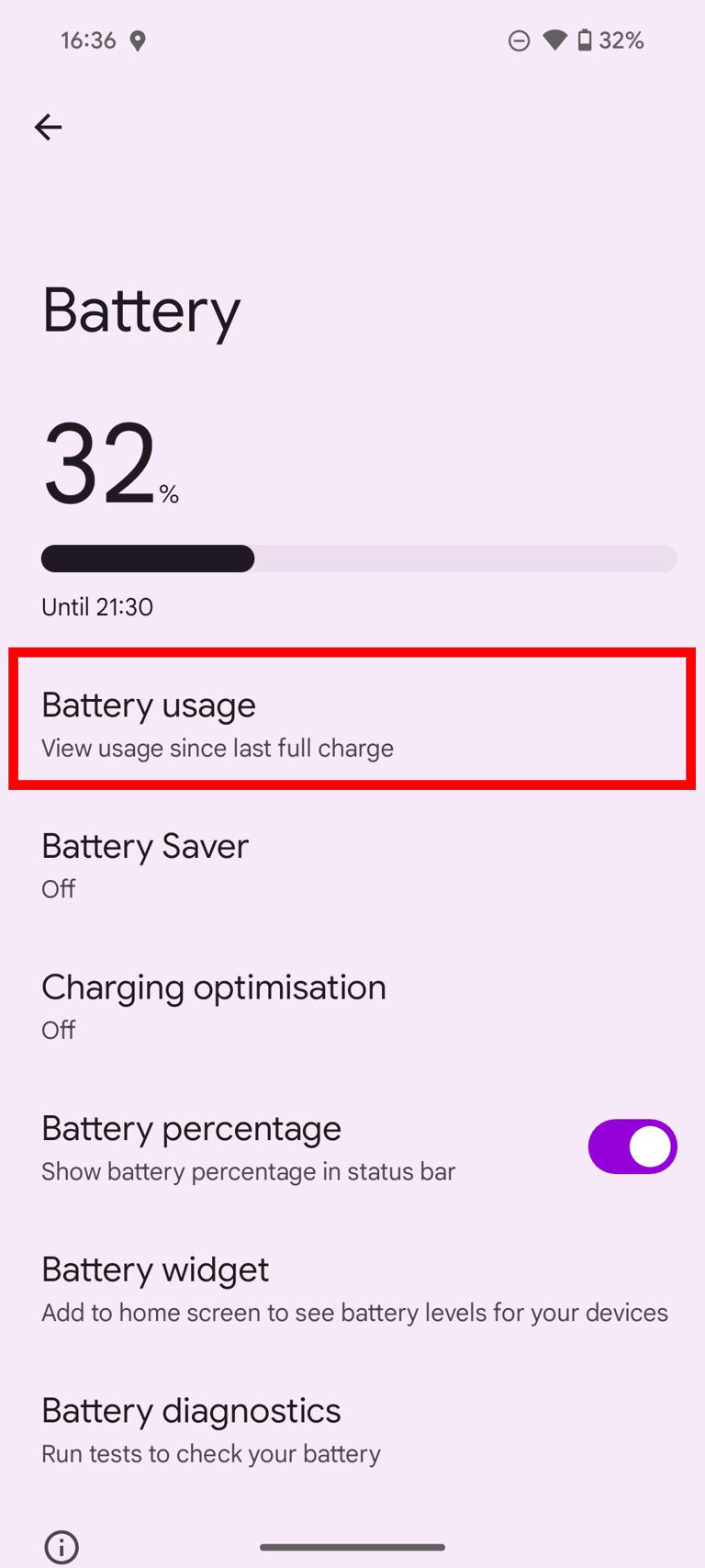 Red rectangle outline highlighting Battery usage in Battery menu on Android 15