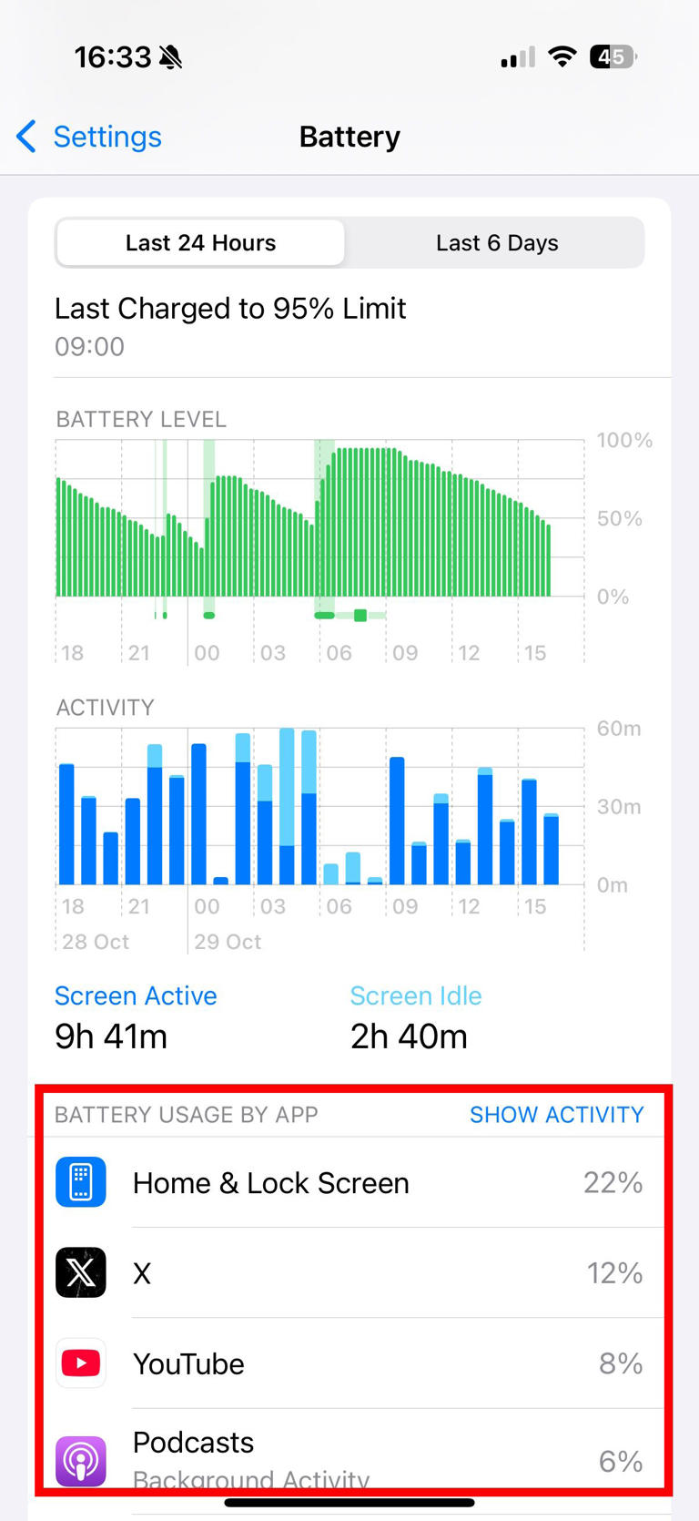 Red rectangle outline highlighting battery usage by app and show activity section in battery menu on iOS 18