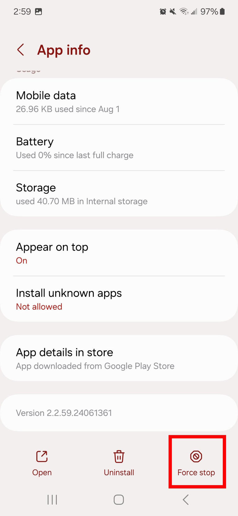 Red rectangle outline highlighting Force stop option on an app in One UI 6.1