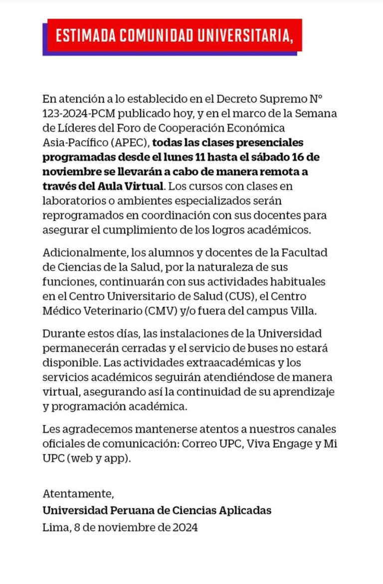 Paro nacional durante APEC 2024: Lista de universidades e institutos que suspenderán sus clases del 11 al 16 de noviembre