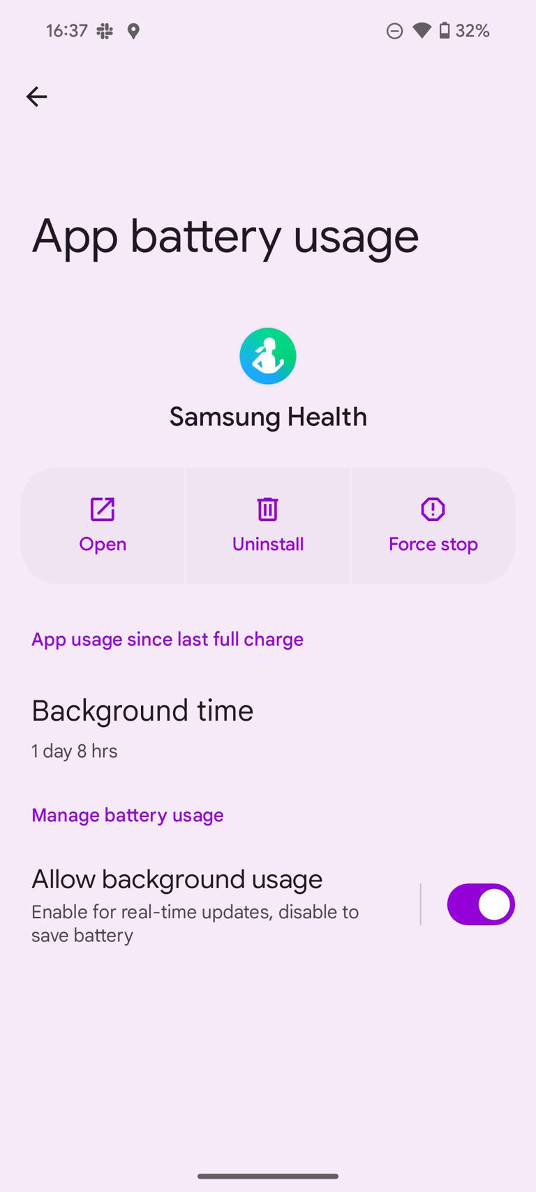 App battery usage page for Samsung Health app showing background time and permissions