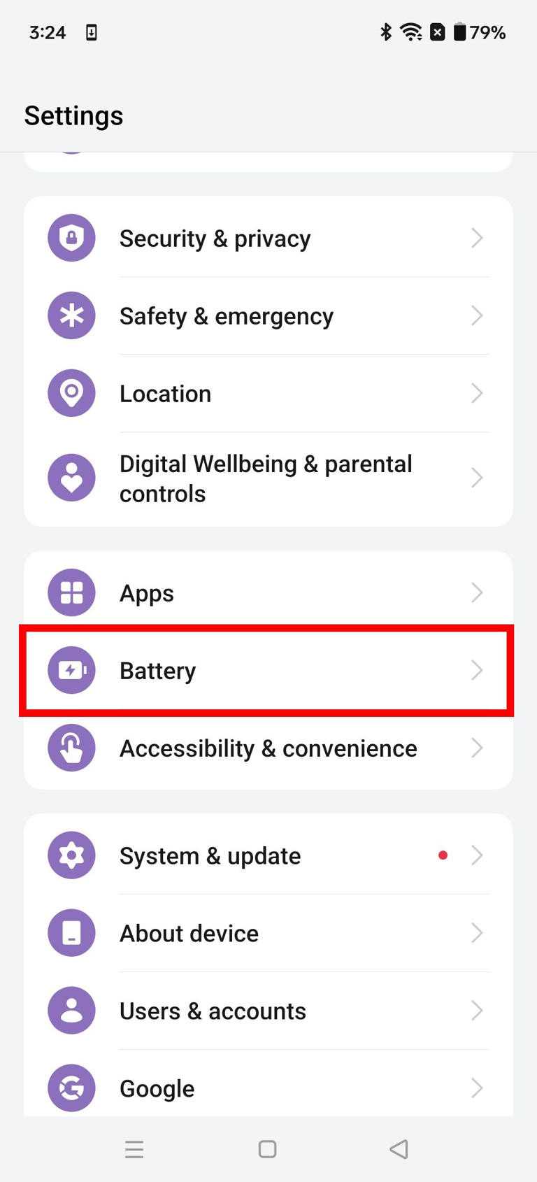 Red rectangle highlighting Battery in OnePlus settings on OxygenOS 14
