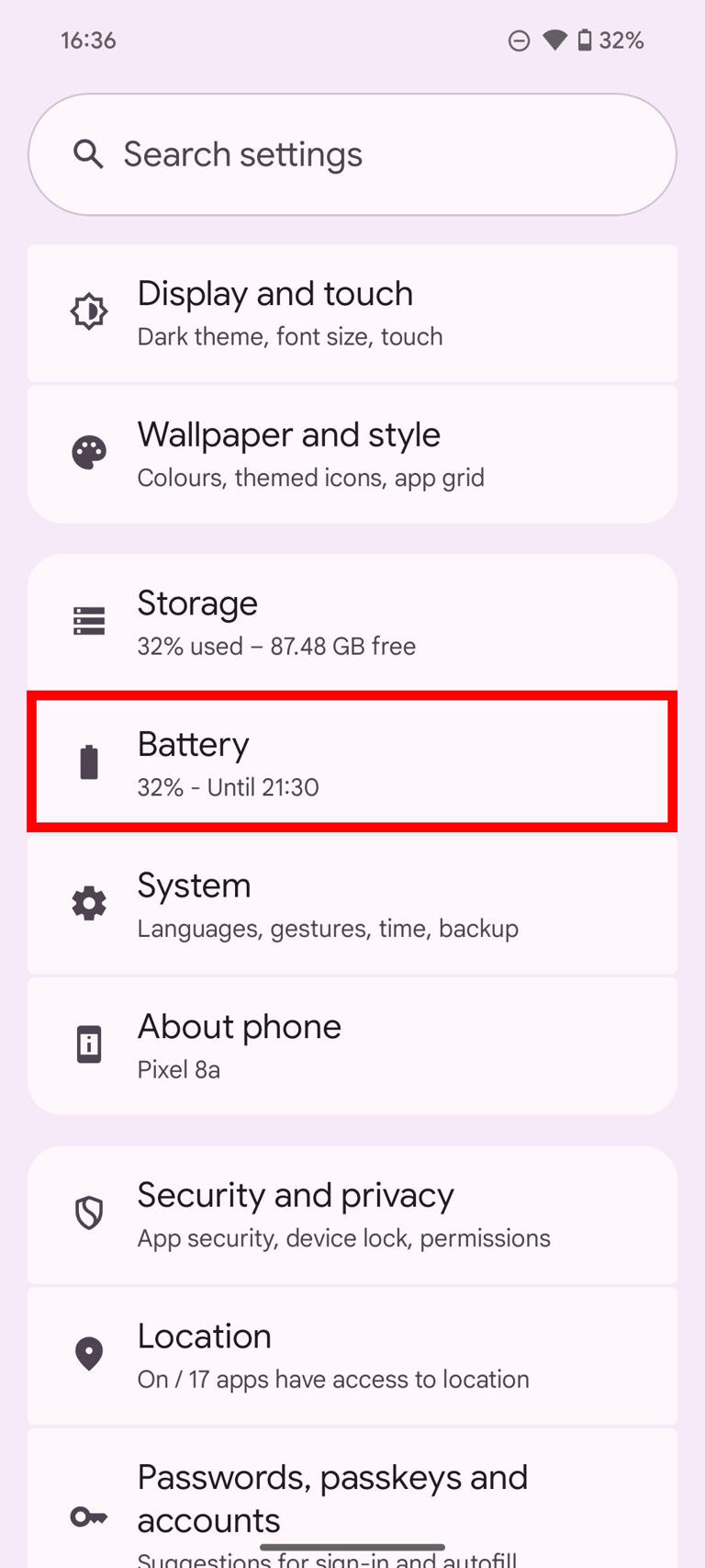Red rectangle outline highlighting Battery in settings on Android 15