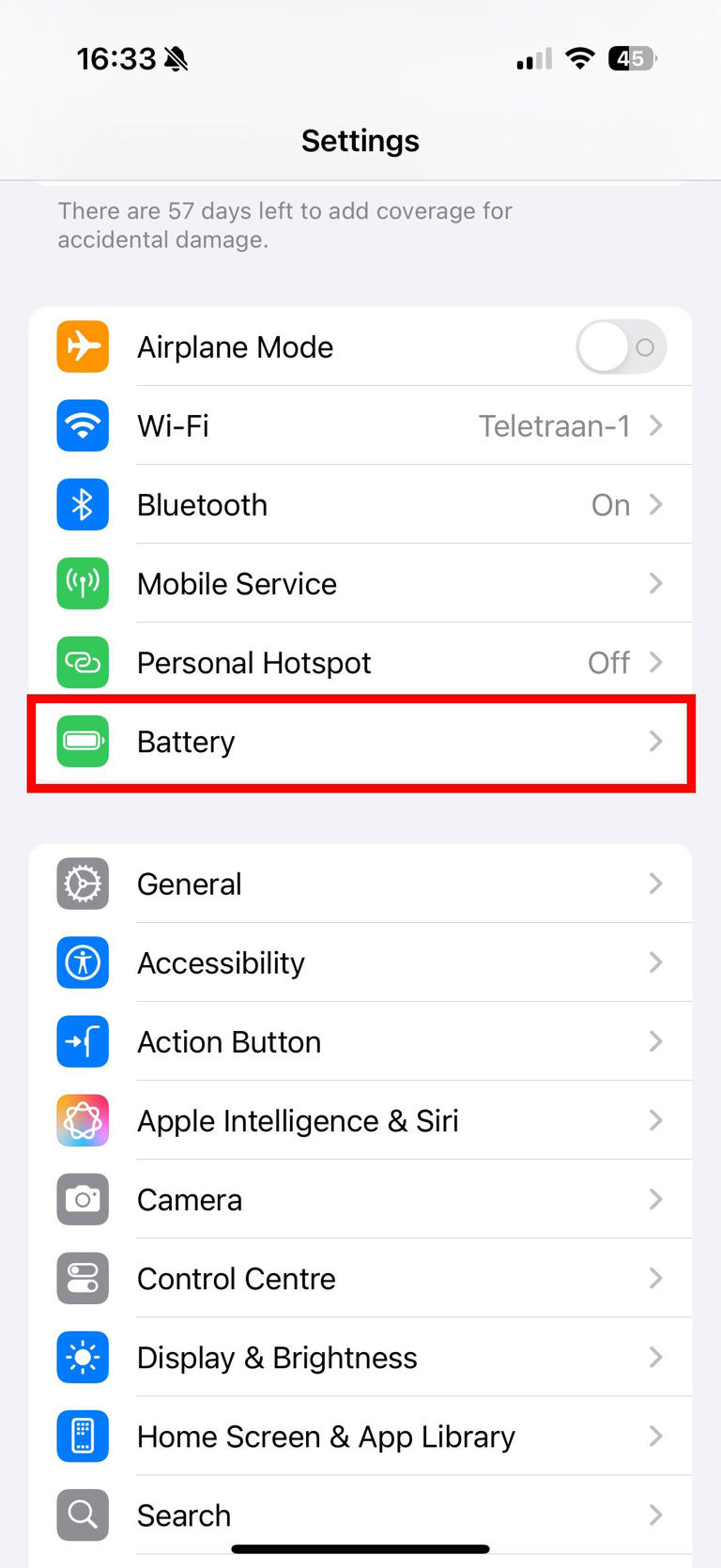 Red rectangle outline highlighting Battery in iOS 18 settings