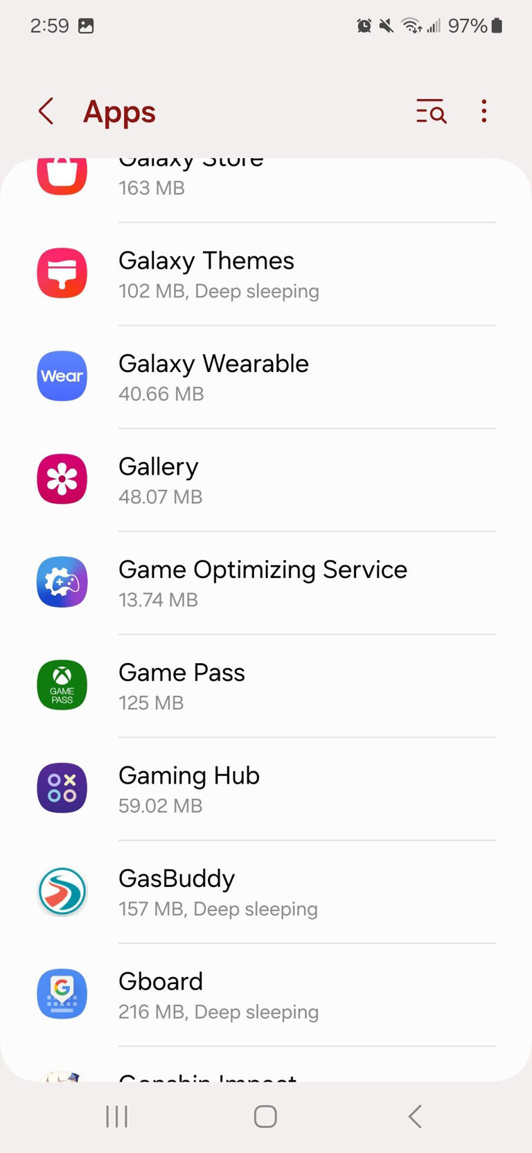 A list of apps on Apps settings page on One UI 6.1