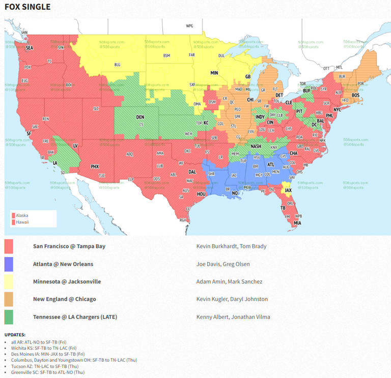 2024 NFL Season Week 10 TV coverage maps, Sunday games open thread