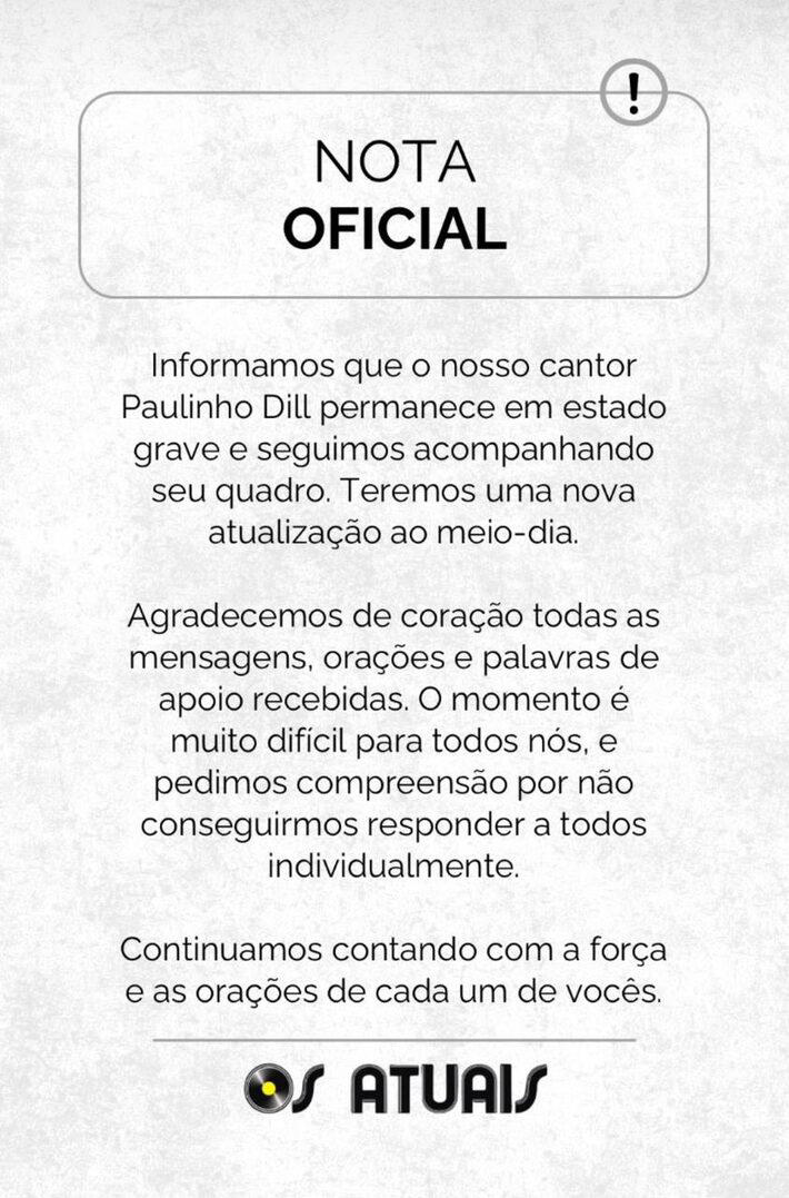 Comunicado da banda Os Atuais Foto: Via Instagram@bandaosatuais