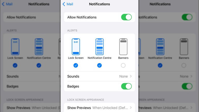 A screenshot of the Notification settings in the iPhone's Mail app
