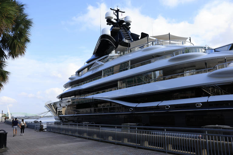 Jacksonville Jaguars owner Shad Khan's new megayacht, Kismet, is shown docked on the St. Johns River near the Hyatt Regency Jacksonville Riverfront on Monday, Nov. 11, 2024, in Jacksonville, Fla.