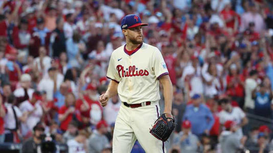 Oct 5, 2024; Philadelphia, PA, USA; Philadelphia Phillies pitcher Zack Wheeler (45) reacts in the seventh inning against the New York Mets in game one of the NLDS for the 2024 MLB Playoffs at Citizens Bank Park. | Bill Streicher-Imagn Images