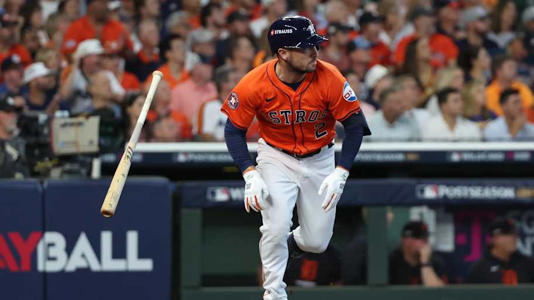 Oct 2, 2024; Houston, Texas, USA; Houston Astros third base Alex Bregman (2) runs after hitting a single against the Detroit Tigers during the second inning of game two of the Wildcard round for the 2024 MLB Playoffs at Minute Maid Park. | Thomas Shea-Imagn Images