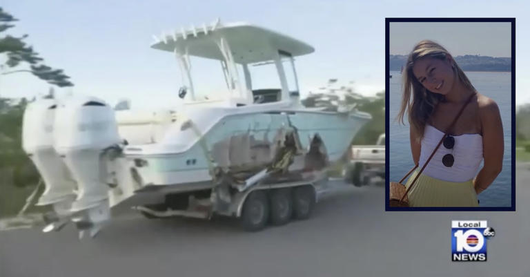 Main: a pickup truck tows the damaged boat George Pino was driving on Labor Day weekend in 2022 (WPLG). Right inset: Lucy Fernandez (Lucy Fernandez Foundation/YouTube).